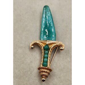 Vintage Sword-Shaped Brooch With Gold-Tone Metal & Green-Colored Stone Inlay